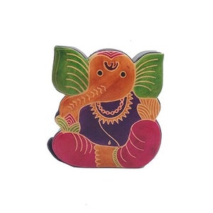 May include: A colorful, handcrafted wooden figurine of the Hindu deity Ganesha. The figurine features a seated pose with a purple body, red legs, and an orange head with green ears. Intricate gold-colored details adorn the figure.
