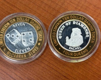 Lote de 2 fichas de juego de diez dólares, plata fina .999.