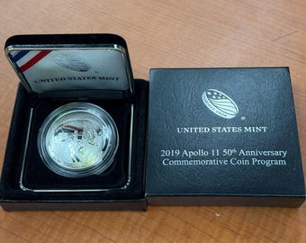 Moneda de plata de 1 onza .999 del 50.º aniversario del Apolo 11, edición de prueba, 2019.