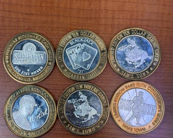 Lote de 6 fichas de juego de 10 dólares, plata fina .999, de varios casinos.