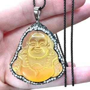 Yellow Buddha Necklace, Big Buddha Luck Charm Necklace, Diamond Buddha, Unisex Buddha Chain, Smiling Buddha, Fat Buddha, Protection Buddha