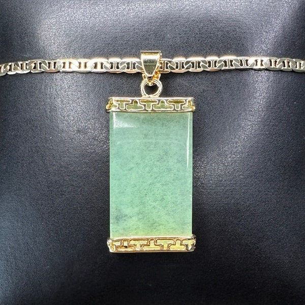 Gold Jade Necklace, Light Green Jade Rectangle Pendant, Good Fortune Jade, Gold Jade Pendant, Womens Jade Necklace, Mens Jade Necklace