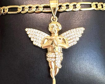 Gold Plated Big CZ Praying Angel Necklace, Cupid Necklace, Cherub Necklace
