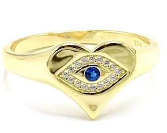 Evil Eye Ring Gold Silver, Blue Evil Eye Stacking Ring, CZ Evil Eye Ring, Eye Protection Ring, Mal de Ojo
