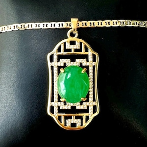 Gold Jade Necklace, Light Green Jade Rectangle Pendant, Good Fortune Jade, Gold Jade Pendant, Womens Jade Necklace, Mens Jade Necklace