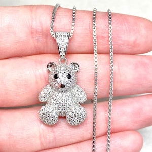 Collar de osito de peluche de plata, colgante de osito de peluche de diamantes, osito de peluche helado, osito de peluche con circonita cúbica, collar con dije de osito de peluche, cadena de osito de peluche