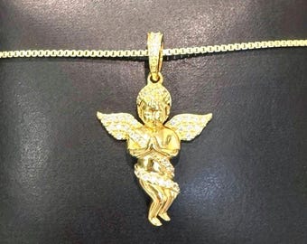 Collana con angioletto, in argento 925 placcato oro, con cherubino, gioiello con angelo per uomo e donna.