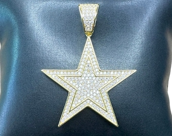 Star Pendant Gold Plated 925 Silver, Diamond CZ Star Pendant, Hip Hop Pendant, Iced Out Star Charm, Big Gold Star Pendant For Him Her