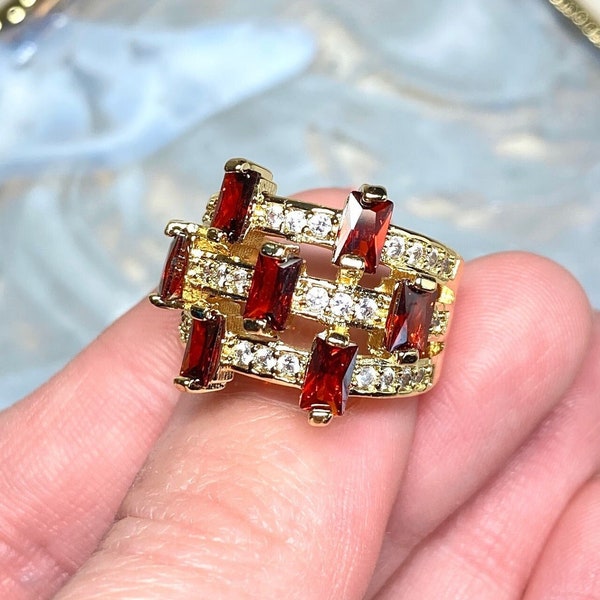 Red CZ Gold Ring, Ruby Cocktail Ring, Red Cluster Ring, Garnet Gold Ring Small Size 5, Red Gold Vintage Ring, Three Rows Pave CZ Ring