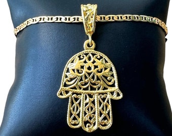 Collier Hamsa filigrane Doré, Pendentif grande main Hamsa, Collier amulette de protection médaillon, Collier main de Fatima, Main de Dieu