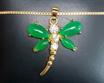 Details about / Green Jade Pendant in Dragonfly Design with Rhodium Plated Bail Gold Tone