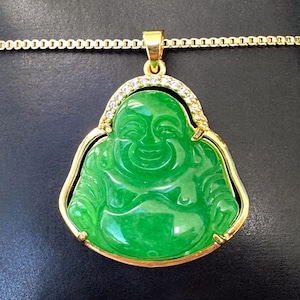 Green Jade Buddha Pendant, Gold Jade Buddha Necklace Men Women, Buddha Chain, Good Luck Jade, Good Fortune Jade, Smiling Buddha Jewelry