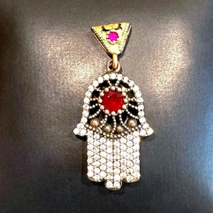 Evil Eye Hamsa Hand Pendant Sterling Silver, Diamond Pave CZ Ruby Red Hamsa, Hand Of Fatima Pendant, Hand Of God Pendant, Nazar Protection