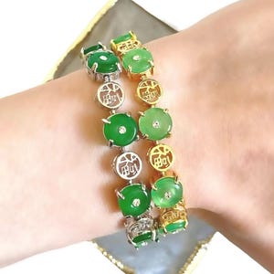 Bracelet en jade Fu, bracelet à maillons en jade, bracelet en jade doré, bracelet en jade argenté, bracelet en jade pour femme, bracelet donut en jade, cadeau bijoux en jade
