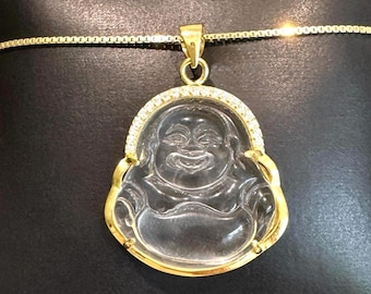 Gold Plated Sterling Silver Clear Buddha Necklace, Protection Lucky Charm, Men Women Buddha Jewelry