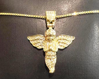 Collana con angioletto, in argento 925 placcato oro, con cherubino, gioiello con angelo per uomo e donna.