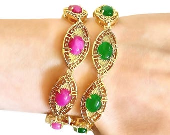Dyed Jade Link Bracelet, Green or Pink Jade Donut Bracelet, Gold Good Luck Jewelry