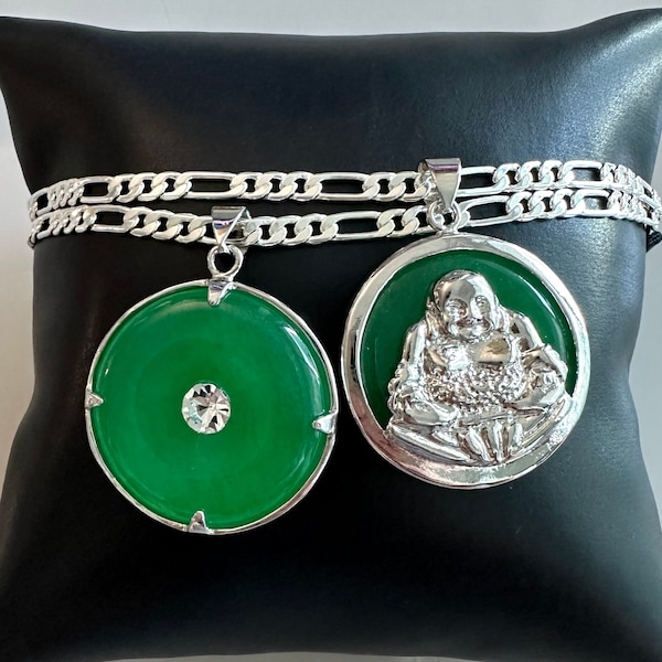 Jade Buddha Necklace, Silver Buddha Necklace, Jade Buddha Pendant, Laughing Buddha, Smiling Buddha, Buddha Medallion, Buddah, Buddha Chain