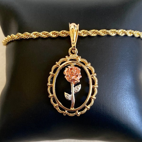 Rose Necklace Gold, Rose Flower Oval Pendant, Tri Color Rose Necklace, Rose Flower Coin Necklace, Rose Flower Locket, Rose in Frame Necklace