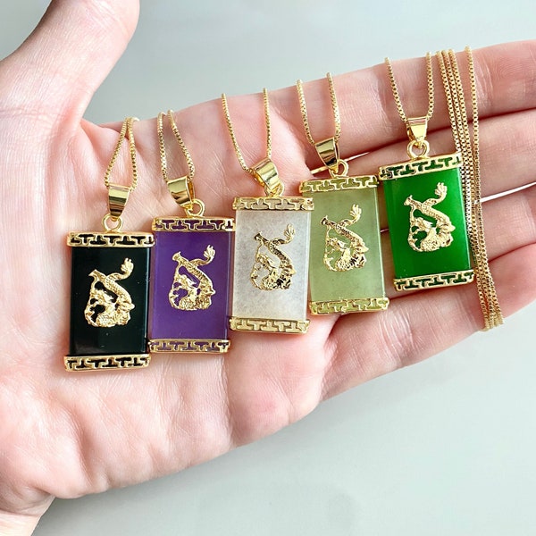 Jade Dragon Necklace Gold, Rectangle Jade Dragon, Year Of Dragon Necklace, Chinese Dragon Necklace, Asian Dragon, Men Women Dragon Necklace