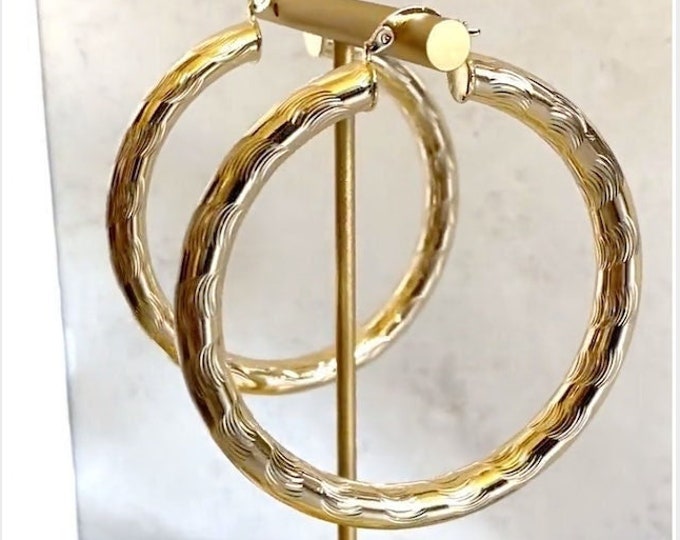 14K Gold Plated Large Hoops Chunky Textured Gold Hoop Etsy