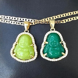 Green Buddha Necklace, Gold Buddha Pendant, Dainty Buddha Charm Necklace, Women Men Lucky Buddha Necklace, Smiling Buddha, Laughing Buddha