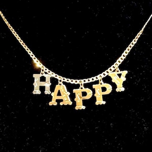 Dwukolorowy naszyjnik z napisem „Szczęśliwy”, wypełniony 18-karatowym złotem, naszyjnik z pozytywnym afirmacją, naszyjnik z motywującym napisem i mantrą