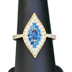 Gold Blue Evil Eye Ring, Eye Shaped Ring, Evil Eye Ring Sterling Silver, Diamond CZ Evil Eye, Protection Ring, Good Luck Ring, Nazar Ring