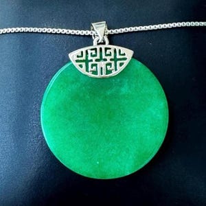 Silver Green Jade Necklace, Round Jade Pendant, Circle Jade, Chinese Real Jade, Good Fortune Jade, Good Luck Jade, Jade Jewelry Women Men
