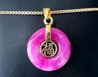 Fu Jade, Pink Jade Necklace, Gold Jade Necklace, Good Fortune Jade, Good Luck Jade, Jade Circle Necklace, Jade Donut Necklace, Jade Jewelry