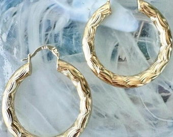 Chunky Everyday Gold Hoops, Trendy Gold Hoops, Textured Medium Hoops, 35MM Gold Hoop Earrings, 5MM Thick Hoops, Chunky Diamond Cut Hoops