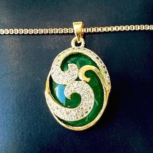 Gold Green Jade Necklace, Good Fortune Jade, Donut Jade, Jade Oval Pendant, Round Jade Pendant, Men&#39;s Women&#39;s Jade Necklace, Real Jade