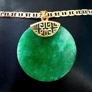 Gold Jade Pendant, Gold Jade Necklace, Good Fortune Jade, Good Luck Green Jade Necklace, Jade Circle Necklace, Large Round Jade Pendant