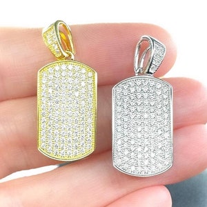 Small Diamond CZ Dog Tag Pendant 925 Silver, Iced Hip Hop Pendant Men Women, Baguette Pendant, Diamond Rectangular Pendant, Bling Army Tag