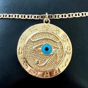 Eye of Horus Necklace Gold, Eye of Horus Coin Pendant, Horus Eye Medallion, Eye of Ra Necklace, Egyptian Amulet, Egyptian Charm Necklace