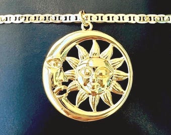 Sun Face Moon Coin Pendant Necklace, Gold Celestial Jewelry
