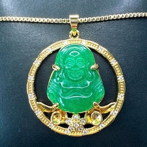 Green Jade Buddha Pendant, Gold Jade Buddha Necklace Men Women, Buddha Chain, Good Luck Jade, Good Fortune Jade, Smiling Buddha