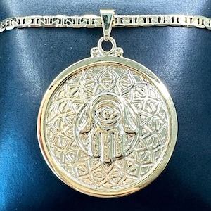 Hamsa Evil Eye Necklace Gold Filled, Big Hand of Fatima Necklace, Circle Hamsa Medallion Necklace, Hand of God Necklace, Protection Necklace