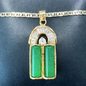 Gold Jade Necklace, Green Jade Rectangle Pendant, Good Fortune Jade, Gold Jade Pendant, Womens Jade Necklace, Mens Jade Necklace