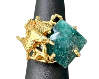 Phoenix Bird Green Stone Ring Matte Gold Plated, Rebirth Jewelry Gift For Her