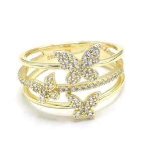 Three Butterfly Ring 925 Silver, Gold Diamond Pave Butterfly Ring, Women Baguette Butterfly Ring, Icy Butterfly Ring, Butterfly Jewelry Gift