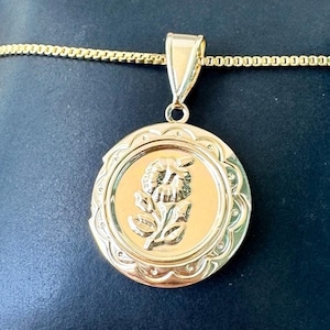 Naszyjnik z medalionem ze zdjęciem kwiatowym, medalion w kształcie koła, złoty naszyjnik z medalionem, naszyjnik ze zdjęciem, złoty medalion w stylu vintage, biżuteria kwiatowa