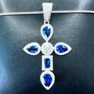 Sterling Silver Sapphire Cross Necklace, Iced Out Blue CZ Cross Pendant, September Birthstone Cross, Christian Religious Necklace