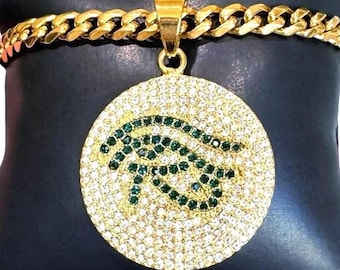 CZ Eye Of Horus Medallion Necklace: Gold Stainless Steel