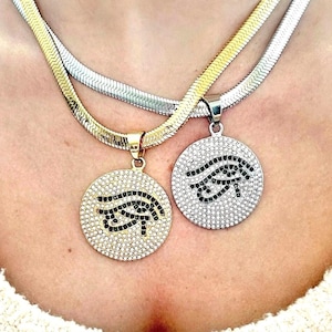 Eye Of Horus Necklace Gold Silver, Egyptian Charm Necklace, Iced Horus Eye Round Medallion, Eye Of Ra Necklace, Protection Talisman Amulet