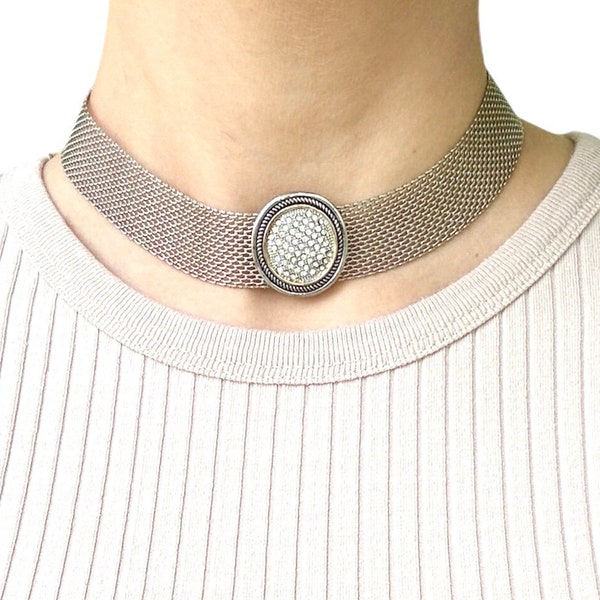 Silver Buckle Necklace, Buckle Choker Necklace, Mesh Necklace Choker, Chunky Silver Mesh Necklace, 1980s Style Necklace, Bismarck Necklace