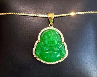 Green Jade Buddha Pendant, Gold 925 Silver Jade Buddha Necklace Men Women, Buddha Chain, Good Luck Jade, Good Fortune Jade, Smiling Buddha