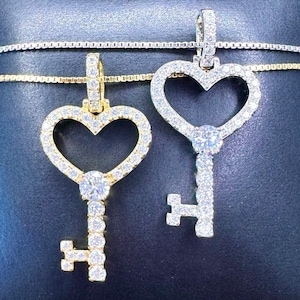 Iced Out Heart Key-ketting goud 925 zilver, diamant CZ-sleutel, hoofdsleutel, sleutel tot mijn hart-ketting, damessleutel bedelketting, sleutelsieraden