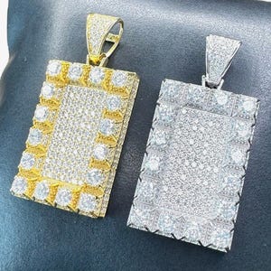 Iced Out Dog Tag Pendant, Diamond CZ Dog Tag Pendant 925 Silver, Icy Hip Hop Pendant Men Women, Diamond Rectangular Pendant, Bling Army Tag