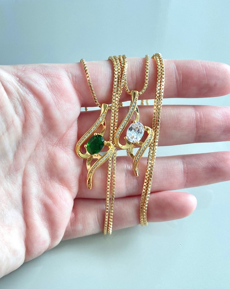 Emerald Teardrop Necklace, Emerald Baguette, Clear CZ Pendant Necklace ...